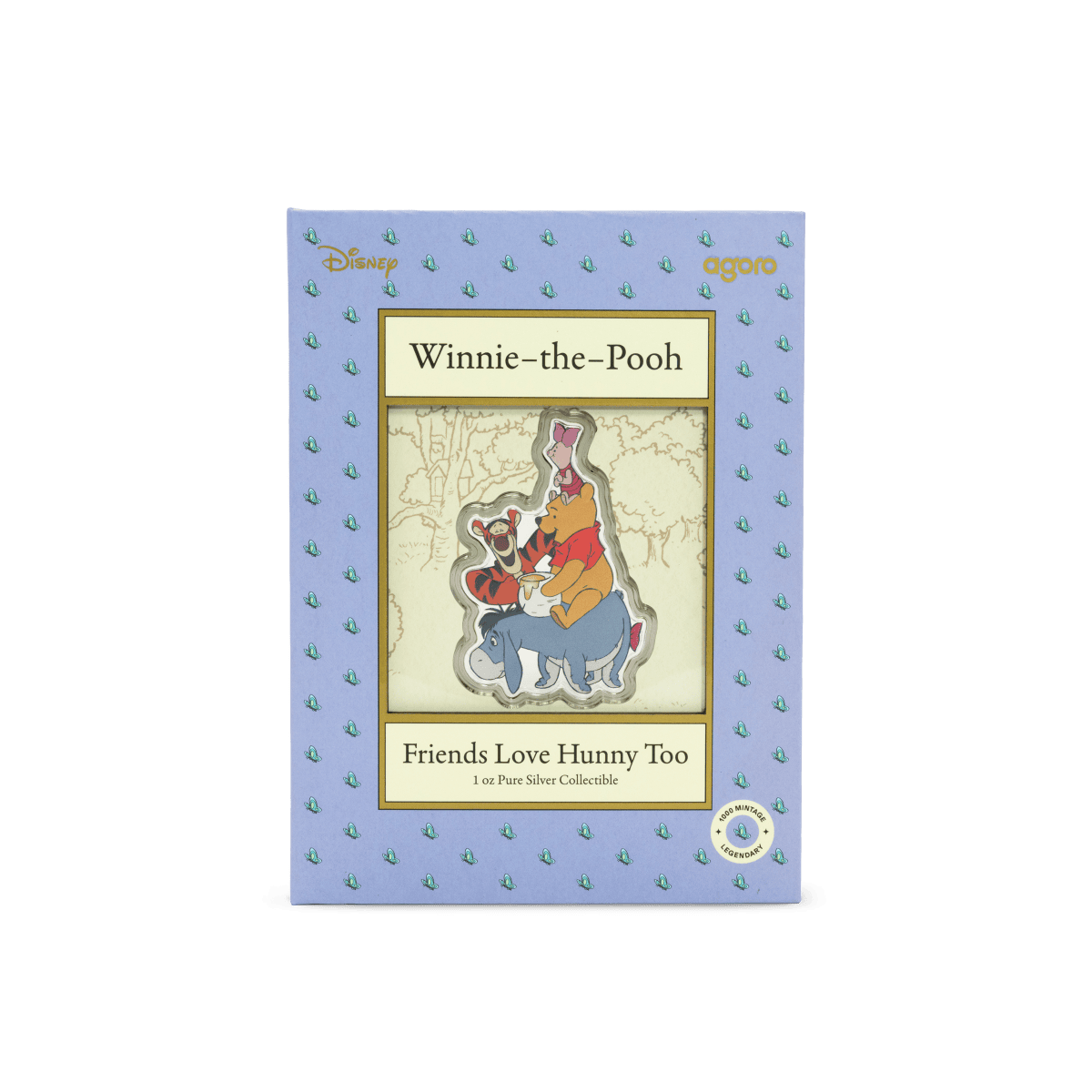 Winnie-the-Pooh collectible silver coin box featuring Disney characters, labeled "Friends Love Hunny Too.".