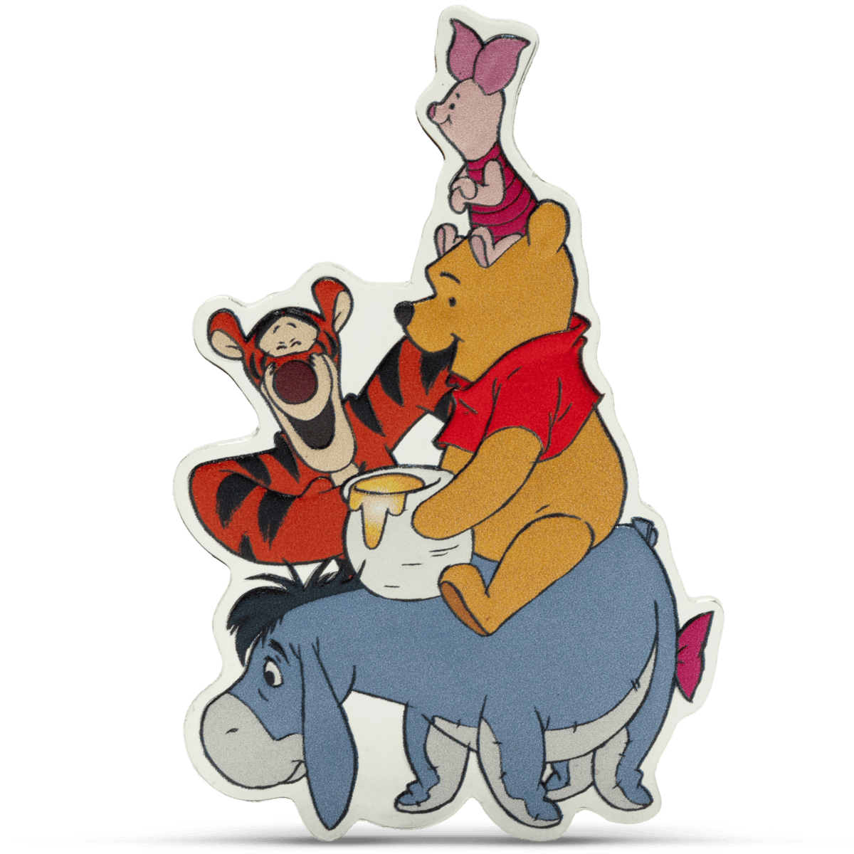 Colorful Disney characters sticker featuring Winnie the Pooh, Tigger, Piglet, and Eeyore, showcasing their playful expressions and iconic personalities; perfect for collectors and fans of classic animation.