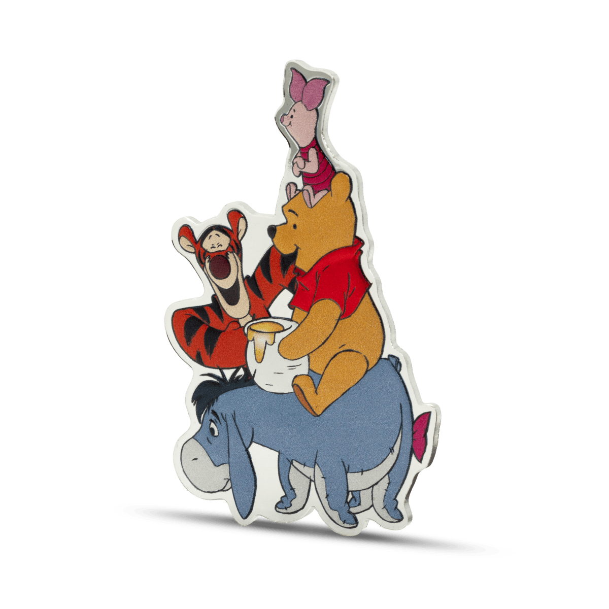 Colorful sticker featuring Winnie the Pooh, Tigger, and Piglet from Disney's Winnie the Pooh, with Pooh holding a honey pot, all characters smiling and enjoying each other’s company.