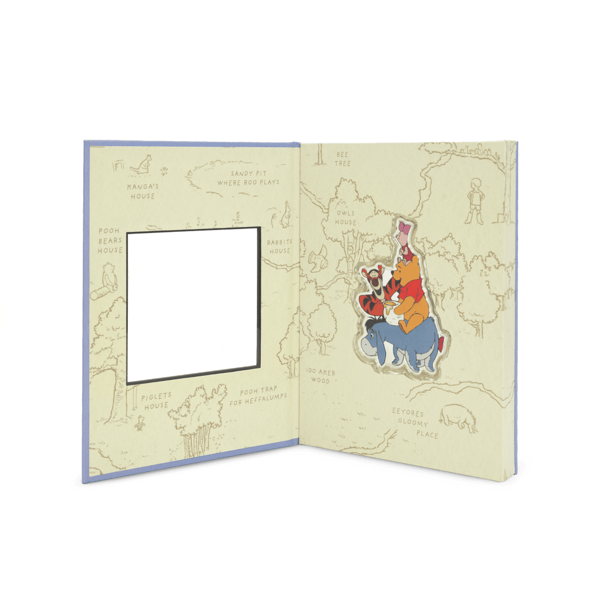 Colorful Winnie the Pooh enamel pin featuring Pooh, Piglet, and Tigger in a cheerful scene, displayed inside a sketchbook backdrop with classic Winnie the Pooh land illustrations, perfect for collectible enthusiasts www.grreserve.com.