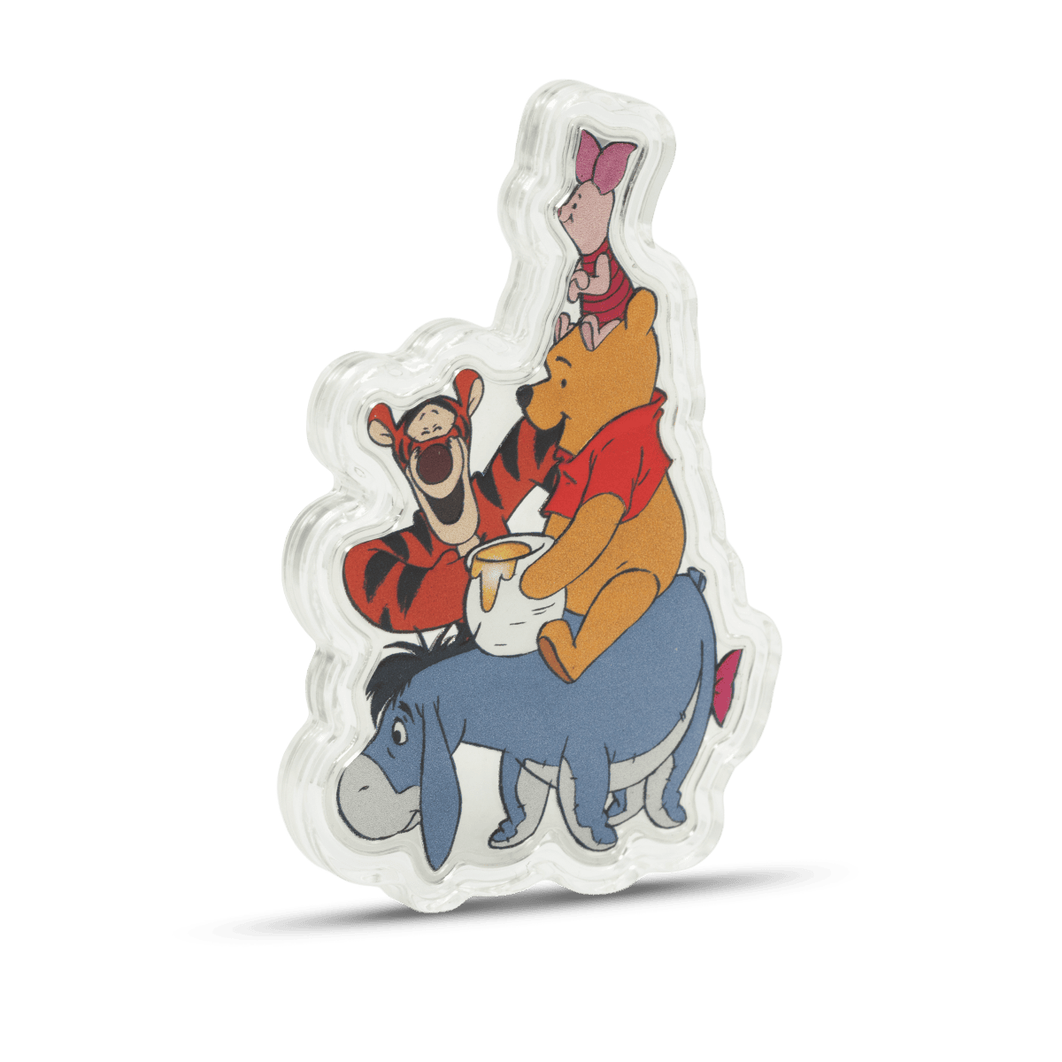 Colorful Winnie the Pooh character sticker featuring Winnie, Piglet, Tigger, and Eeyore sitting together with a honey pot, celebrating the beloved children's cartoon.