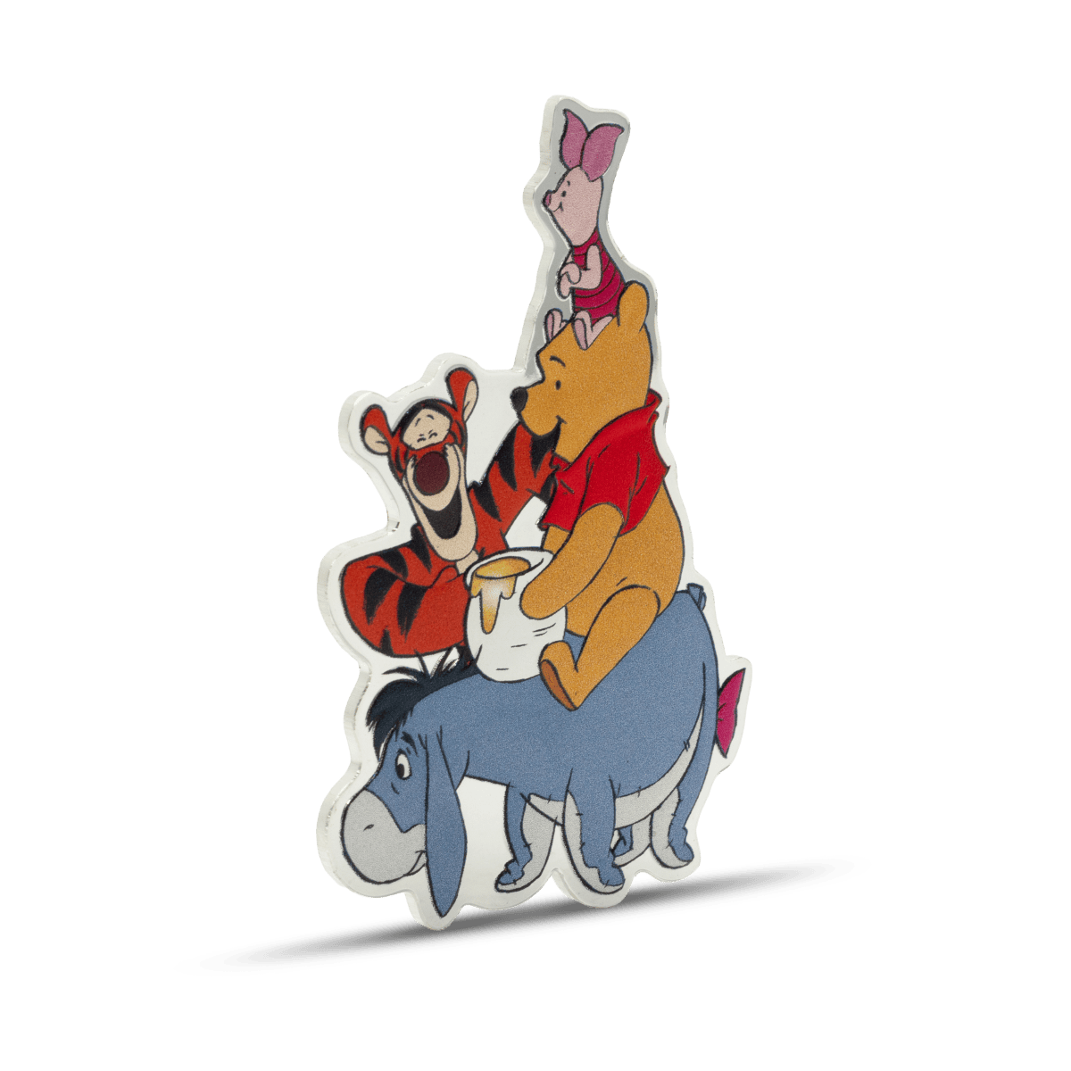Colorful sticker featuring Winnie the Pooh, Tigger, Piglet, and Eeyore from Disney's Winnie the Pooh, playing together happily.