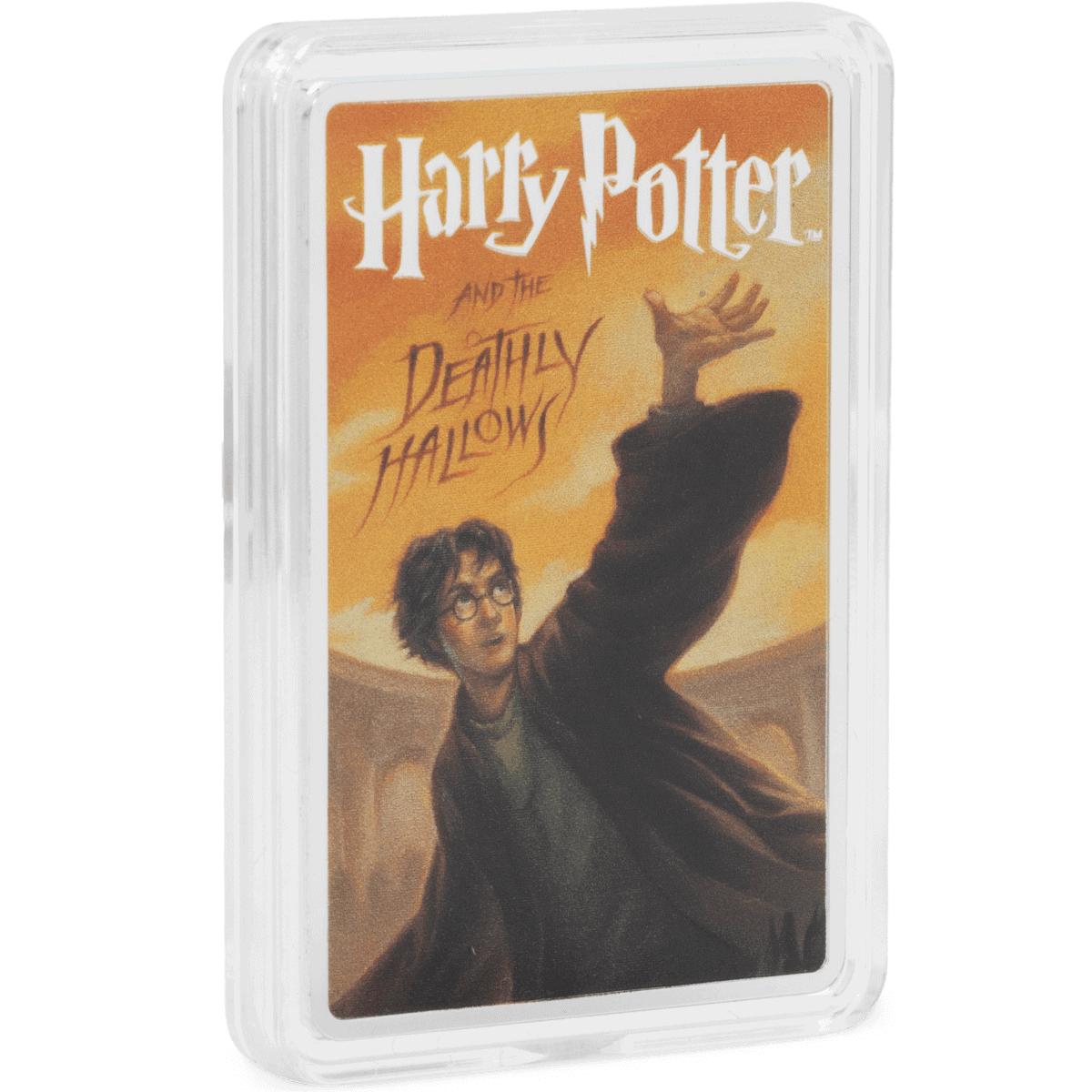 Harry Potter and the Deathly Hallows book cover art on collectible silver coin.