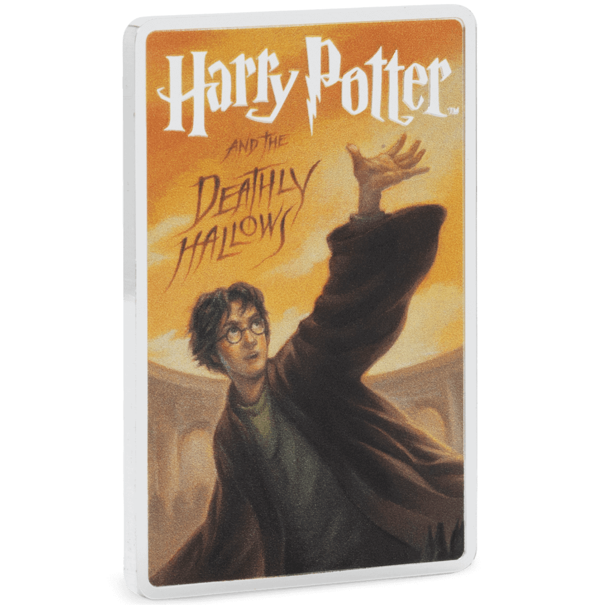 Harry Potter and the Deathly Hallows book cover artwork on a 2 oz silver coin.