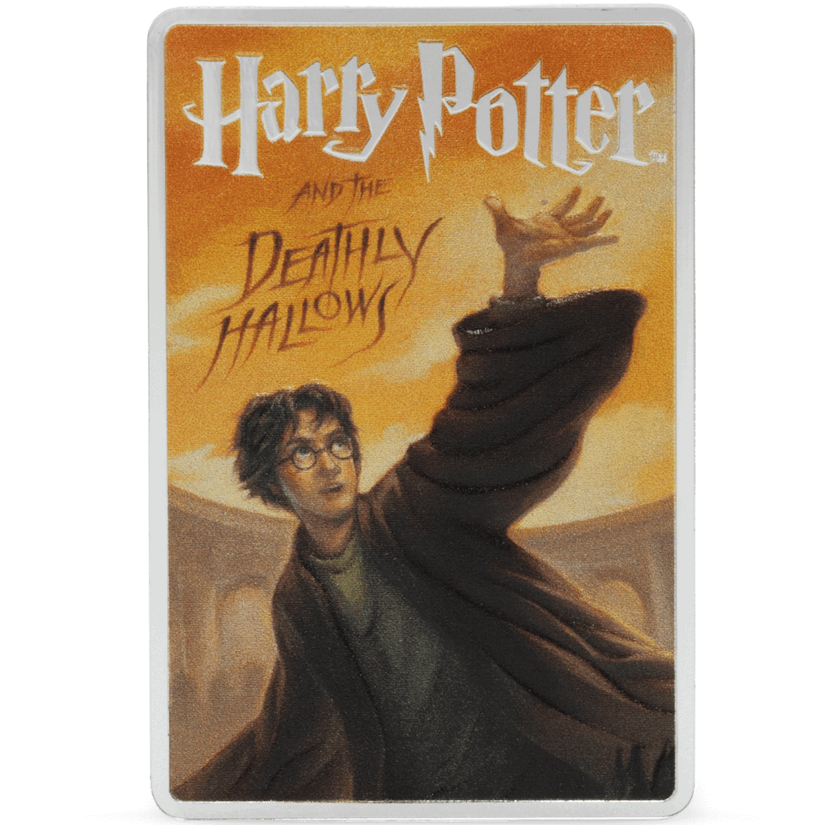 Harry Potter and the Deathly Hallows book cover featuring Harry with wand in hand.