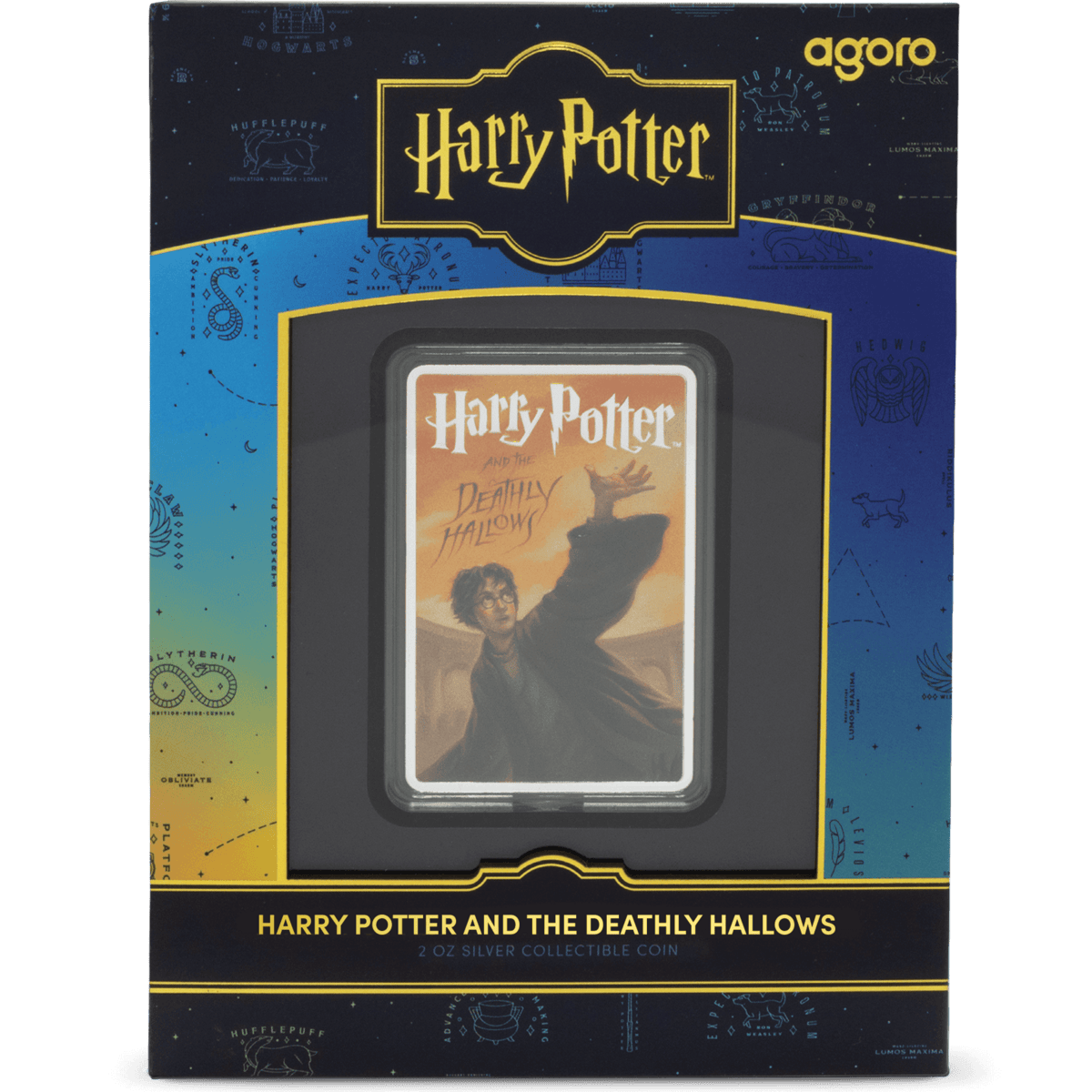 Harry Potter and the Deathly Hallows silver collectible coin in festive packaging.