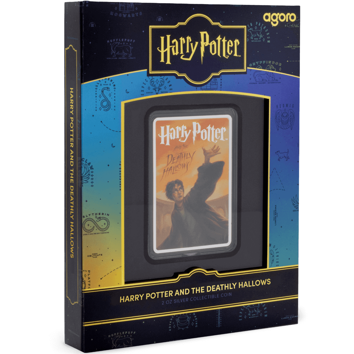 Harry Potter and the Deathly Hallows 2 oz silver coin in collectible packaging.