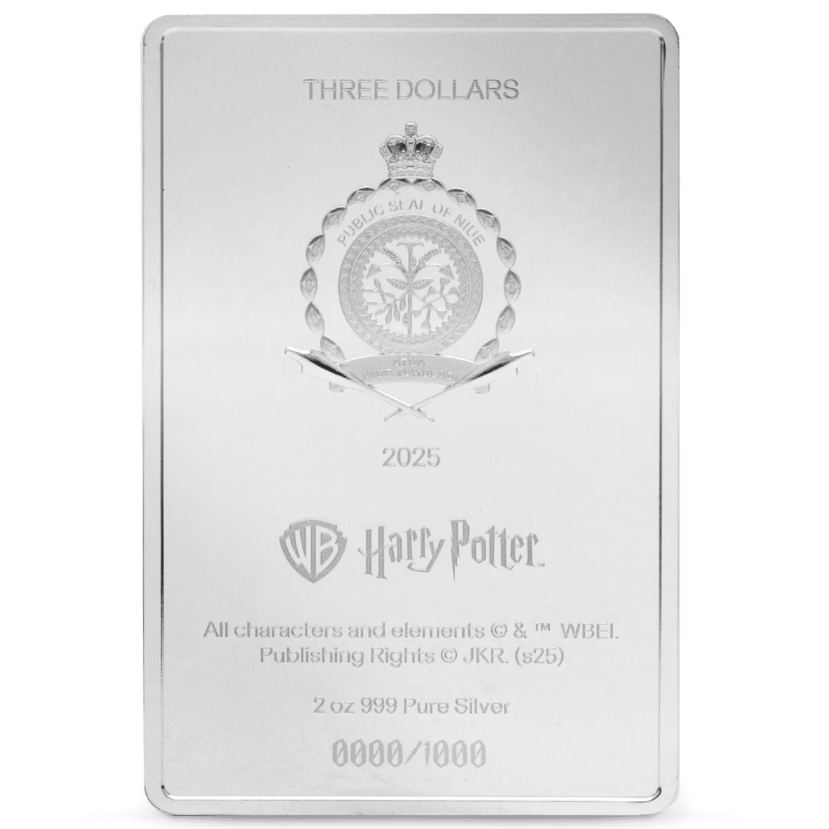 Coin with Harry Potter theme, 2025, 2 oz 999 Pure Silver collectible coin from Niue, featuring Harry Potter emblem and detailed engraving.