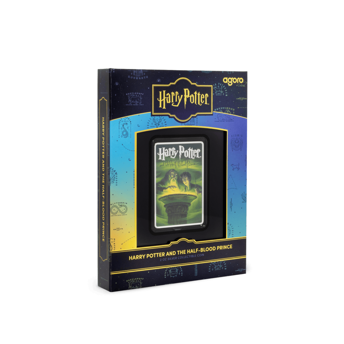 Harry Potter collectible coin packaging, Harry Potter and the Half-Blood Prince theme, 2 oz silver coin, Harry Potter themed collectible coin, Harry Potter and the Half-Blood Prince product packaging, Harry Potter collectible coin relevance.