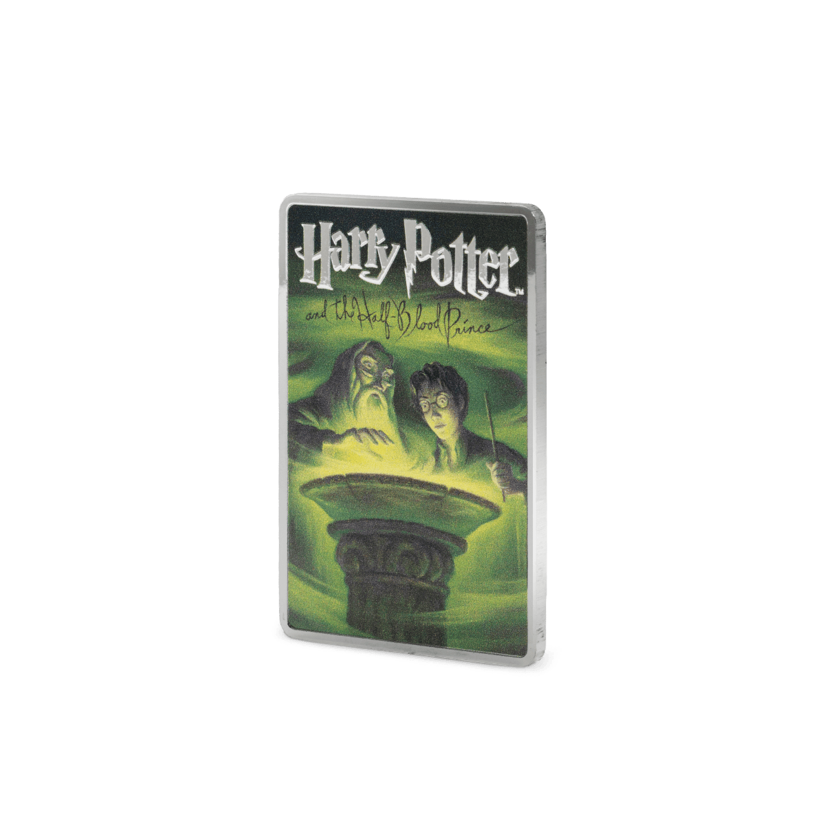 Harry Potter and the Half-Blood Prince collectible coin, featuring artwork of Dumbledore and Harry with magical green glow.