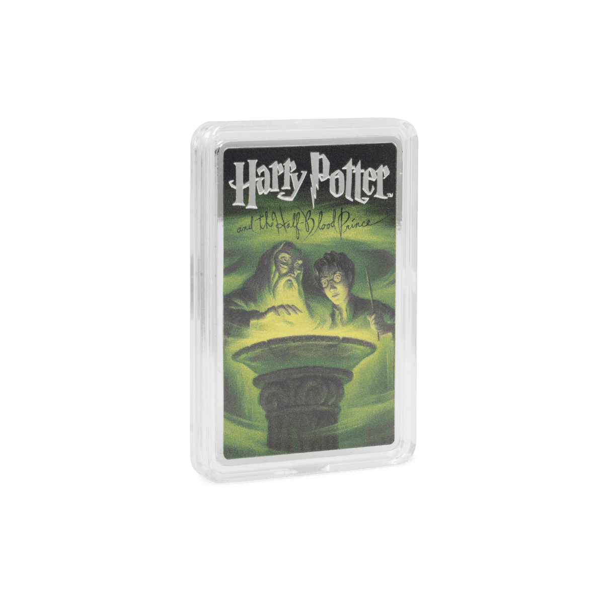 Harry Potter and the Half-Blood Prince collectible coin with Harry and Dumbledore illustration, encased in a clear protective case.