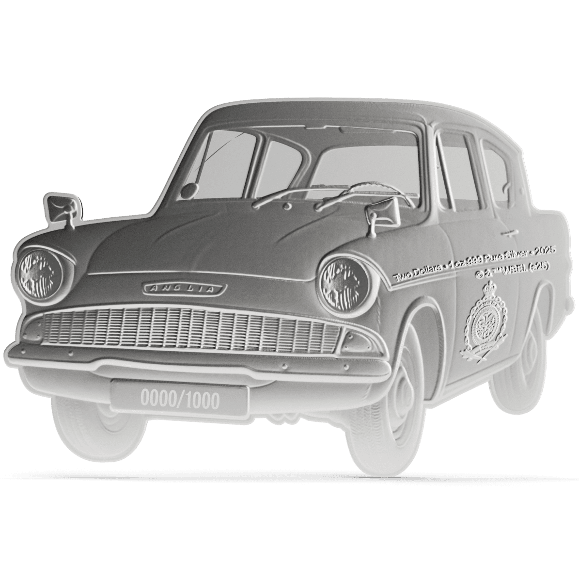 Vintage silver collectible coin featuring a classic Anglia car from the UK, year 2025, with intricate detailing and inscriptions.