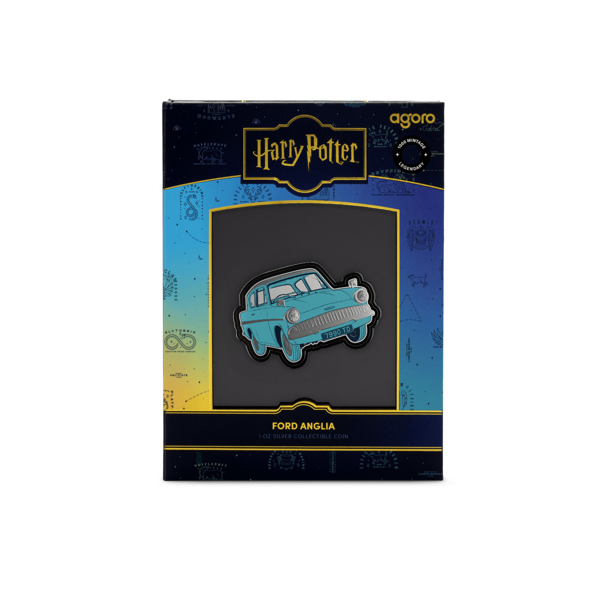 Colorful collectible Harry Potter themed pin shaped like a blue Ford Anglia car in a branded box.