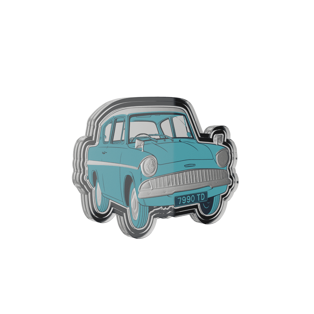 Microcar collectible coin featuring a vintage blue car design, with year and iconic details.