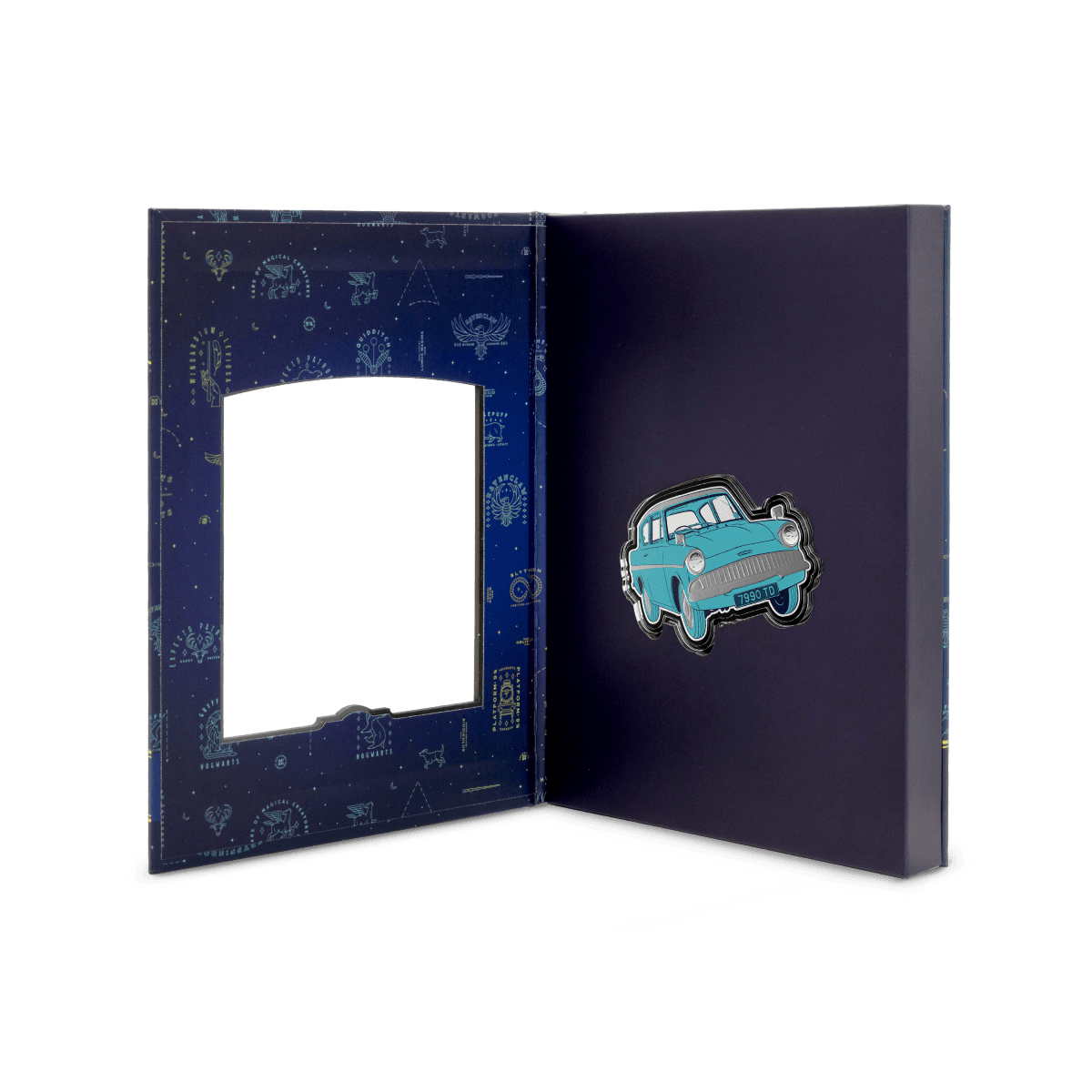 Limited edition collectible Harry Potter blue car enamel pin in a display box, inspired by the iconic magical series. Perfect for Harry Potter fans and collectors of Harry Potter memorabilia.