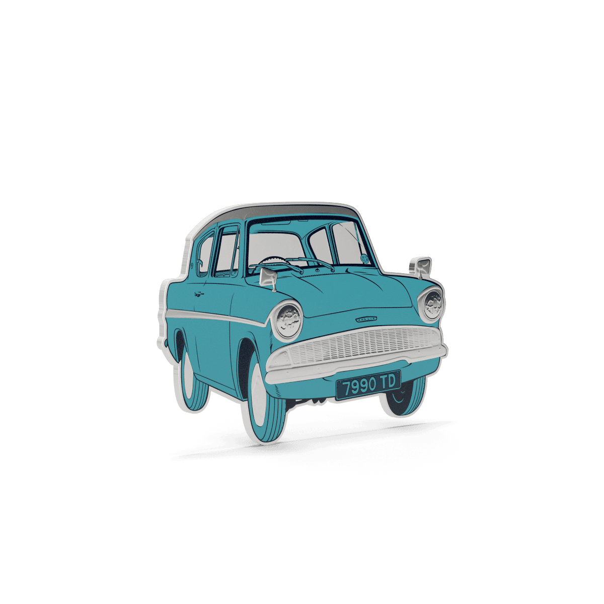 Blue vintage microcar collectible coin with detailed design and classic features, displayed against a black background.