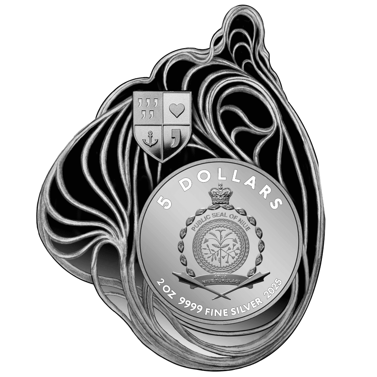 Silver proof-shaped coin featuring Niue's emblem and denomination design, celebrating 250 years of Liberty Prudence, US edition.