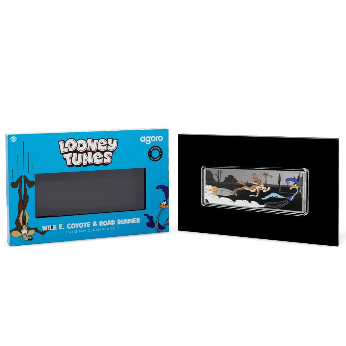 Looney Tunes Wile E. Coyote & Road Runner silver collectible coin in display case.