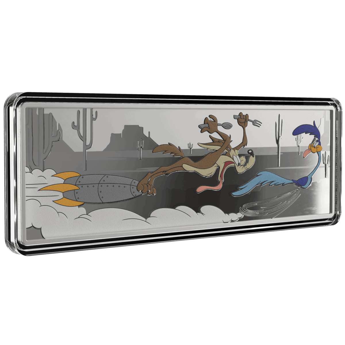 Rocket cartoon character chasing road runner on metallic fridge artwork, desert background with cacti, southwestern theme, playful animated design.