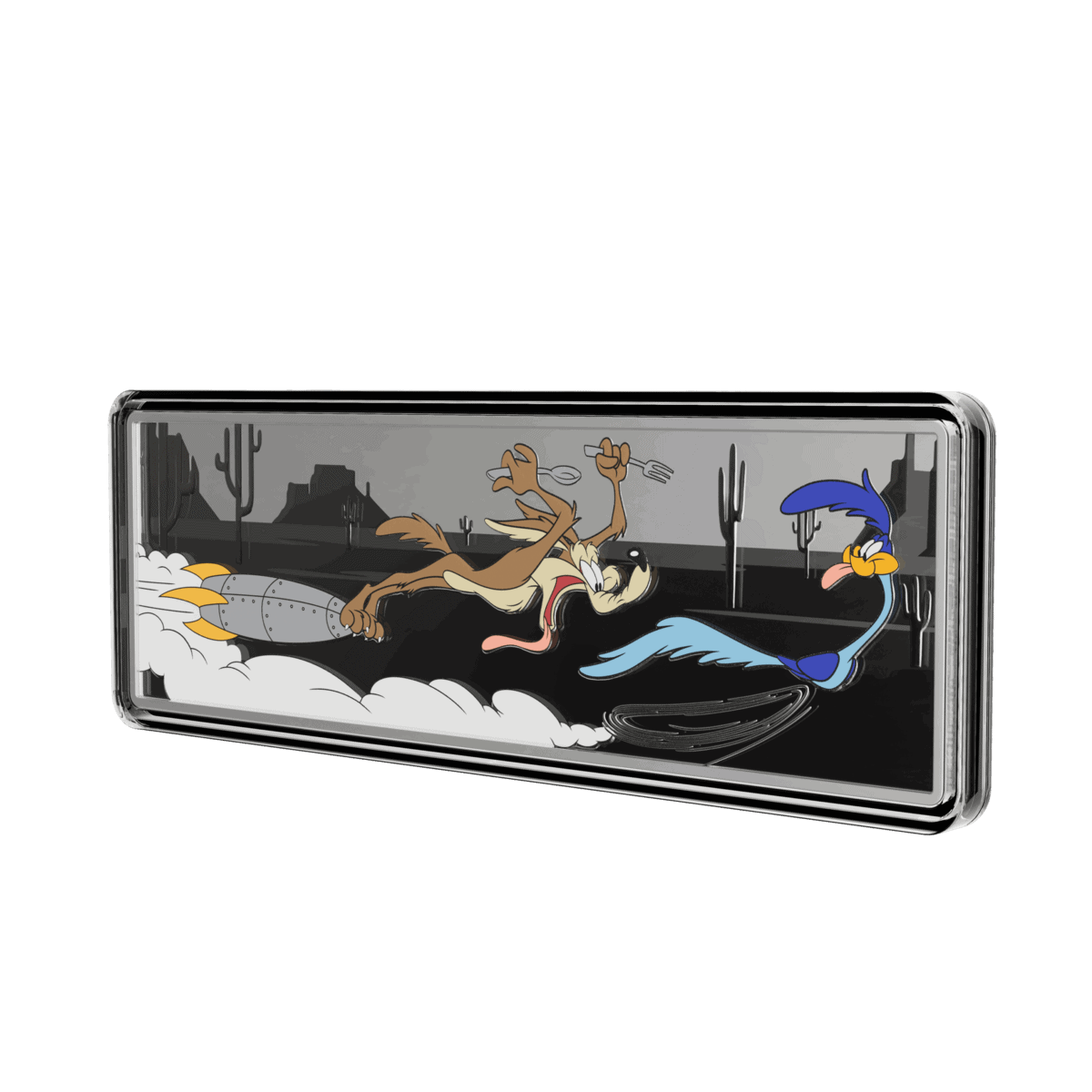 Rocket-powered cartoon wolf and blue bird race on a desert highway with cacti and mountains in the background, in a glass display case.