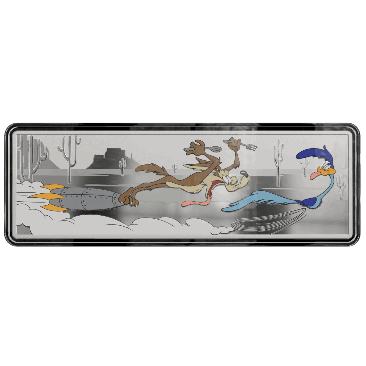 Rocket-launching wolf chasing the Road Runner cartoon in desert scene.