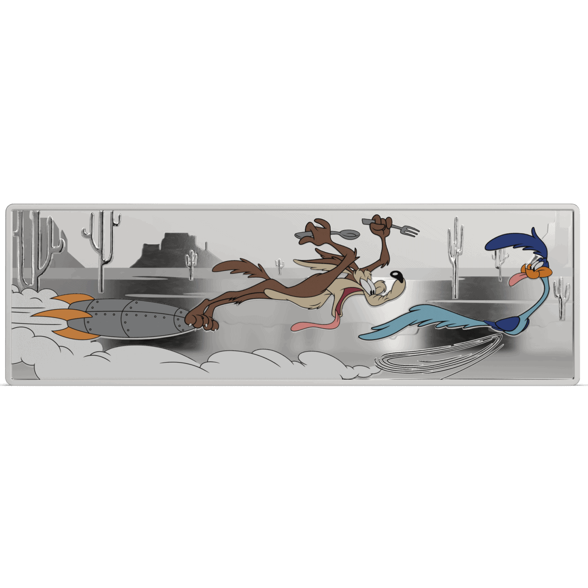 Lasso and Wile E. Coyote racing in a desert landscape with tall cacti and mesas.
