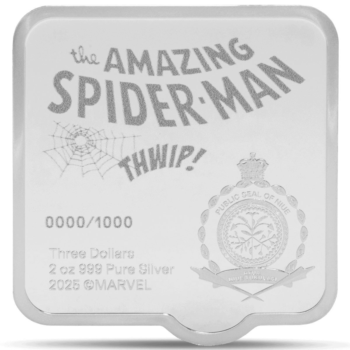 Marvel Spider-Man 2025 silver collectible coin, 2 oz 999 pure silver, limited edition 0000/1000, featuring Marvel's Spider-Man emblem and official seal of Niue.