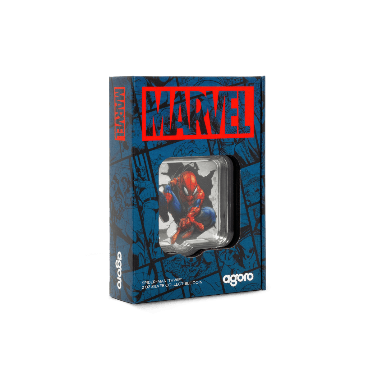 Spider-Man "Thwip" 2 oz Silver Collectible Coin, Marvel Comic Book Design, Limited Edition, in branded packaging from Agoro.