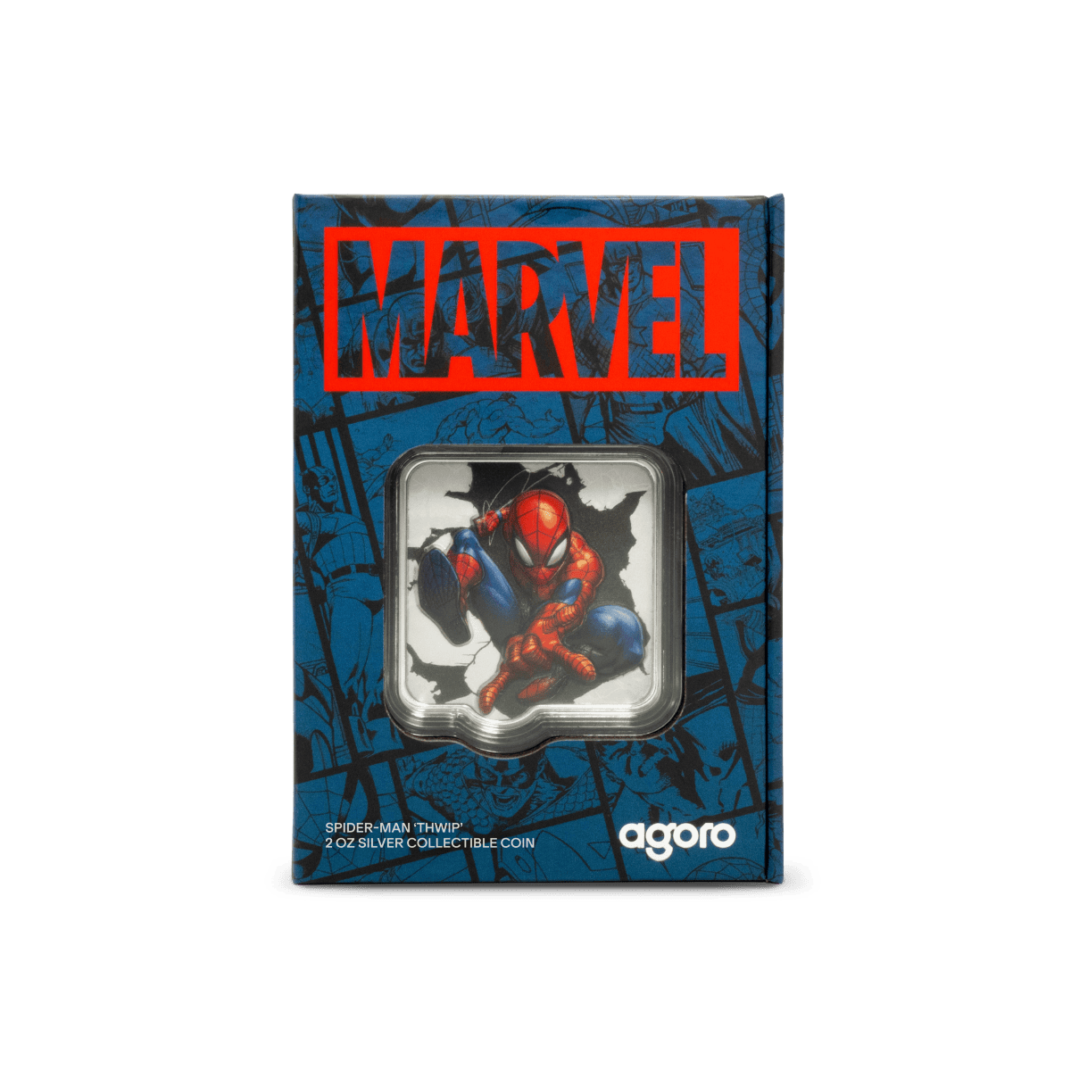 Spider-Man 'Thwip' 2 oz silver collectible coin in Marvel packaging featuring Spider-Man in a crouching pose.
