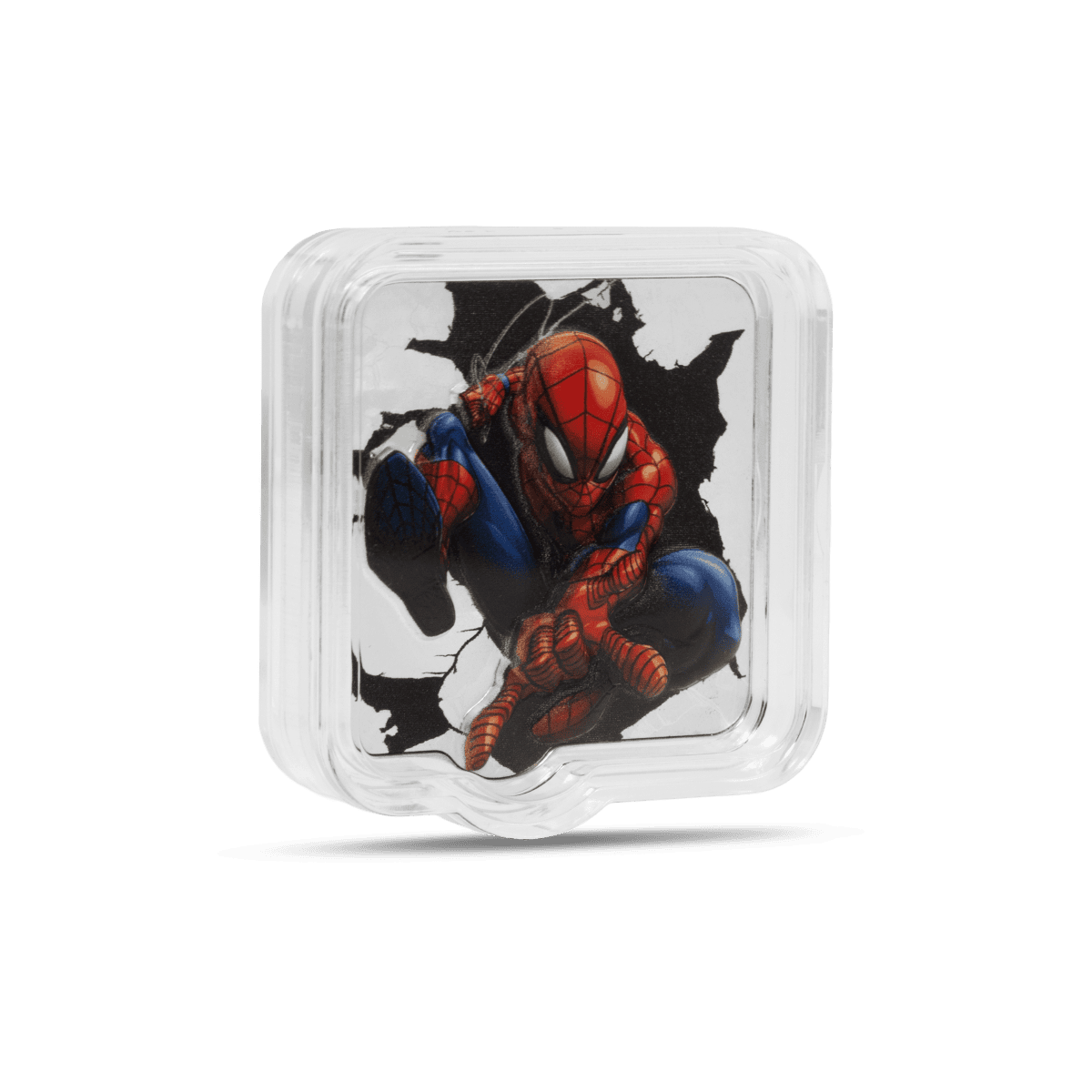 3. Highly detailed Spider-Man collectible coin featuring Spider-Man crouching with web pattern background, encased in a clear protective case.