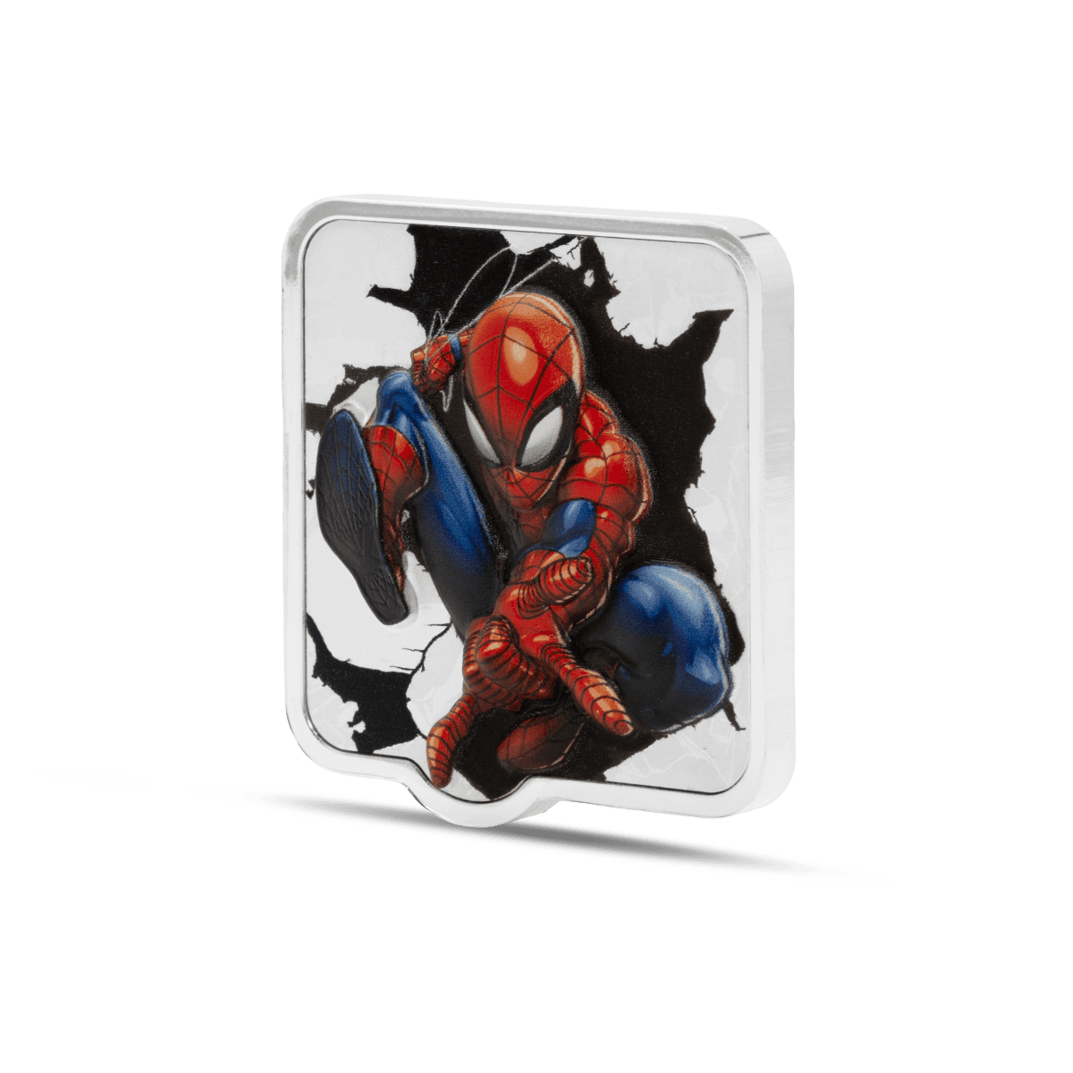 Spider-Man collectible coin with dynamic action pose, colorful design, and comic-style background, standard size, perfect for fans and collectors of superhero memorabilia.