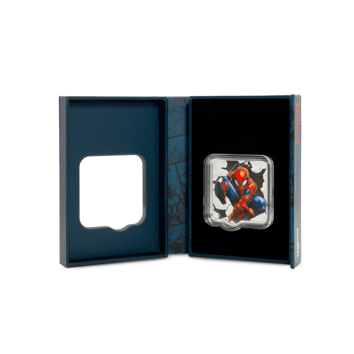 Spider-Man collectible silver coin in Marvel-themed display case, encased in protective capsule with Marvel logo.