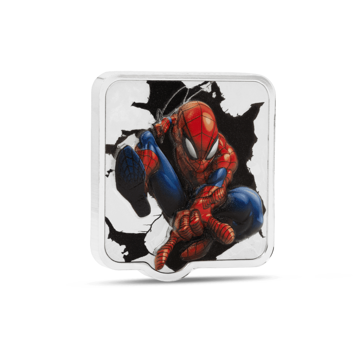 Detailed Spider-Man collectible coin featuring Spider-Man crouching in a dynamic pose, with a comic-style black splash background. The coin showcases vibrant colors and intricate design, perfect for Marvel fans and collectors.