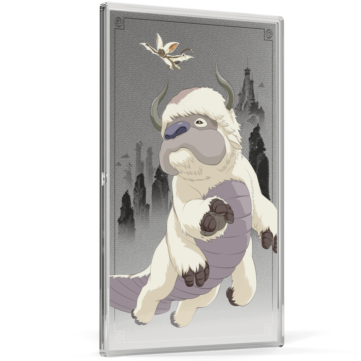 Cute fantasy creature with horns and furry body, flying in front of a mysterious castle background.