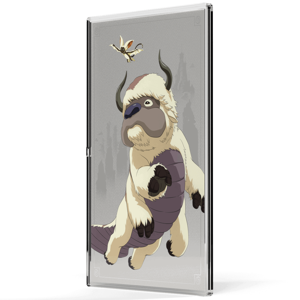 Friendly goat character with horns and a fuzzy beard, jumping with a butterfly above its head.