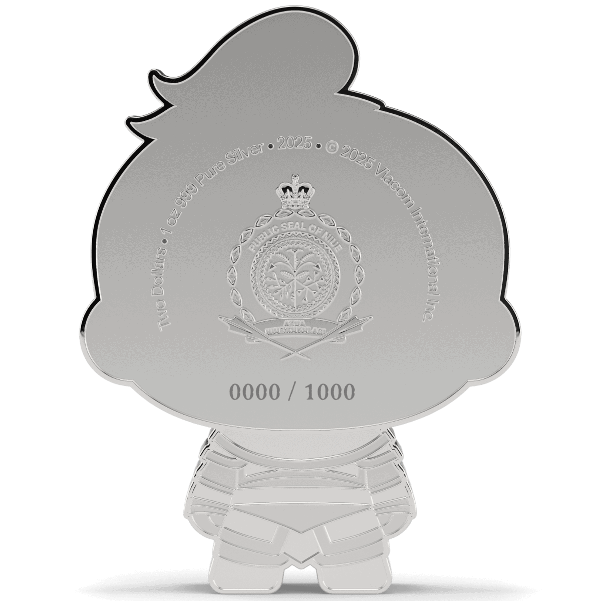 Silver collectible coin with Queen's emblem, year 2025, from Niue, featuring intricate design and denomination of two dollars.