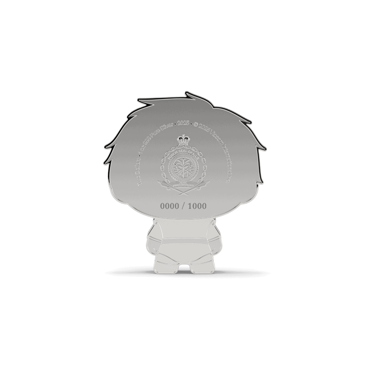 Shiny silver collectible coin featuring a cartoon character with spiky hair, detailed emblem, and inscriptions; limited edition number 0000/1000, dated 2025, from Belize.