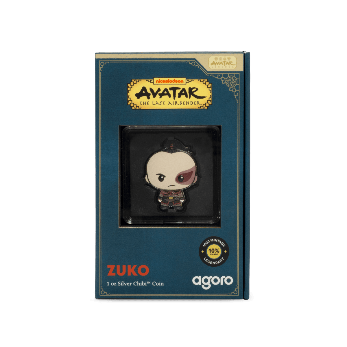 Colorful collectible coin featuring Zuko from Avatar: The Last Airbender, in silver, displayed on a branded box.