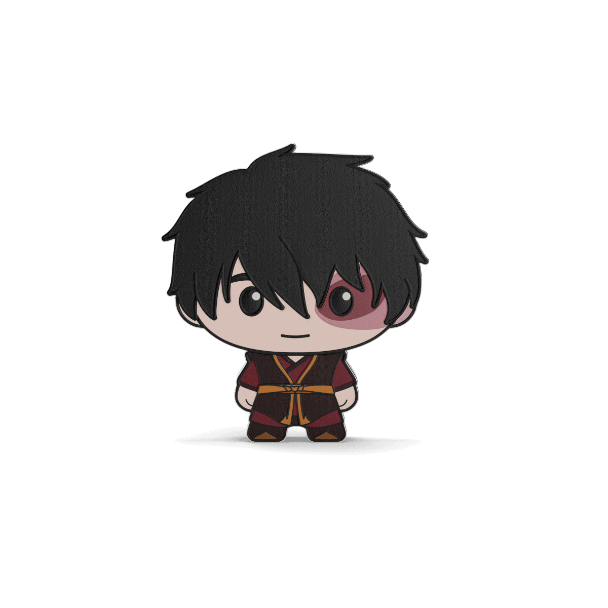 Shonen anime character collectible pin, stylized chibi with black hair and red eye patch, wearing a traditional martial arts outfit.