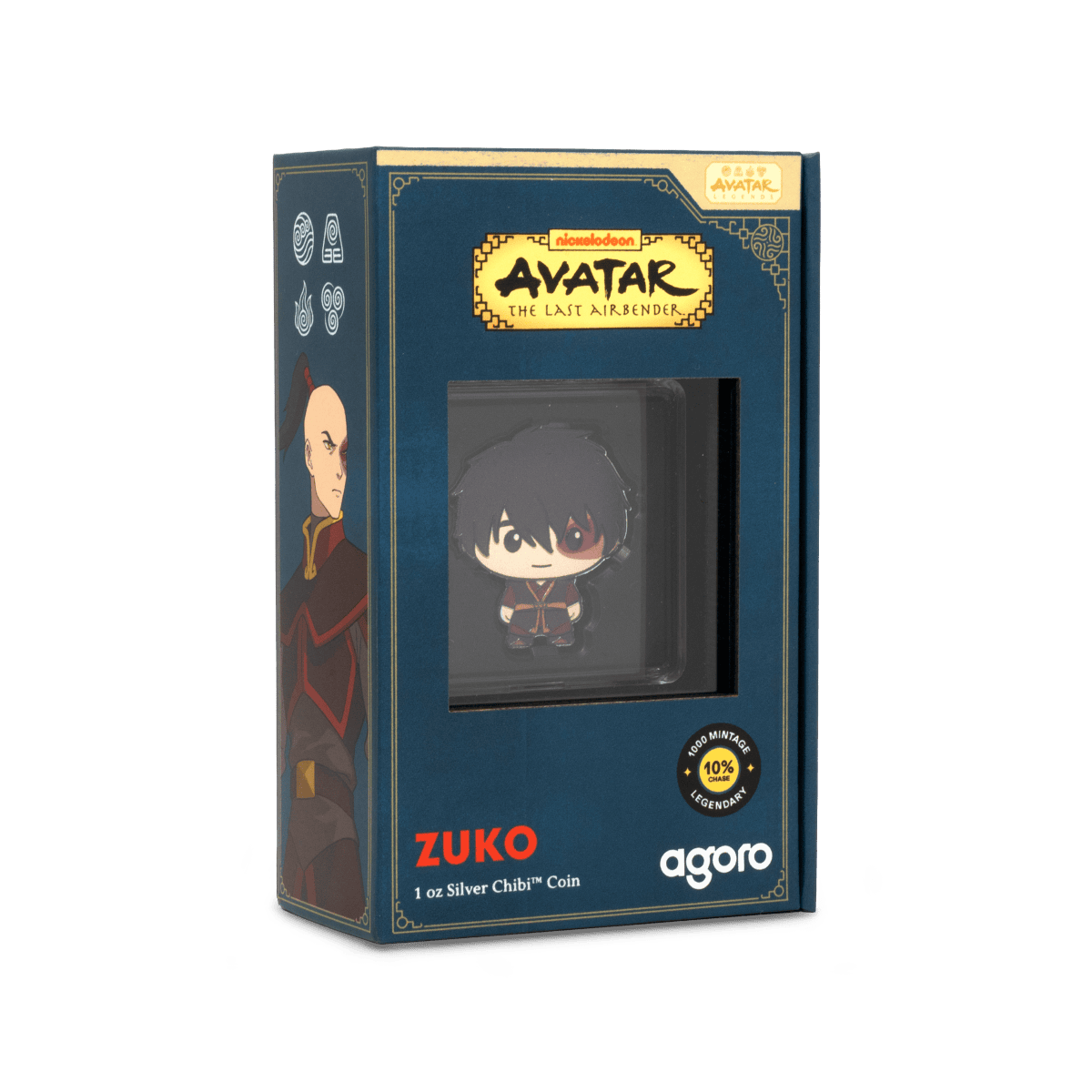 Colorful collectible Zuko character coin from Avatar: The Last Airbender by AGORO, 1 oz silver, limited edition, in original packaging with logo.