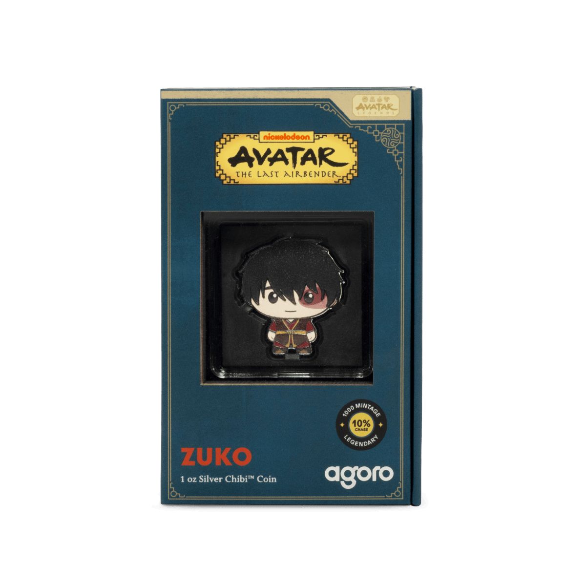 Zuko collectible silver chibi coin from Avatar The Last Airbender, 1 oz, featuring the character Zuko from the animated series, displayed in its official packaging, limited edition.