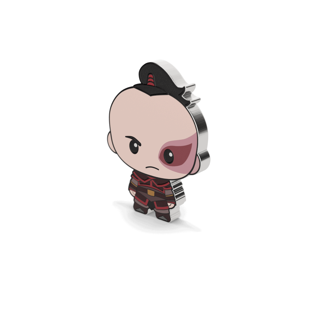 Cute collectible figurine of a chibi-style character with a fierce expression, black and red outfit, and a distinctive scarred face design.