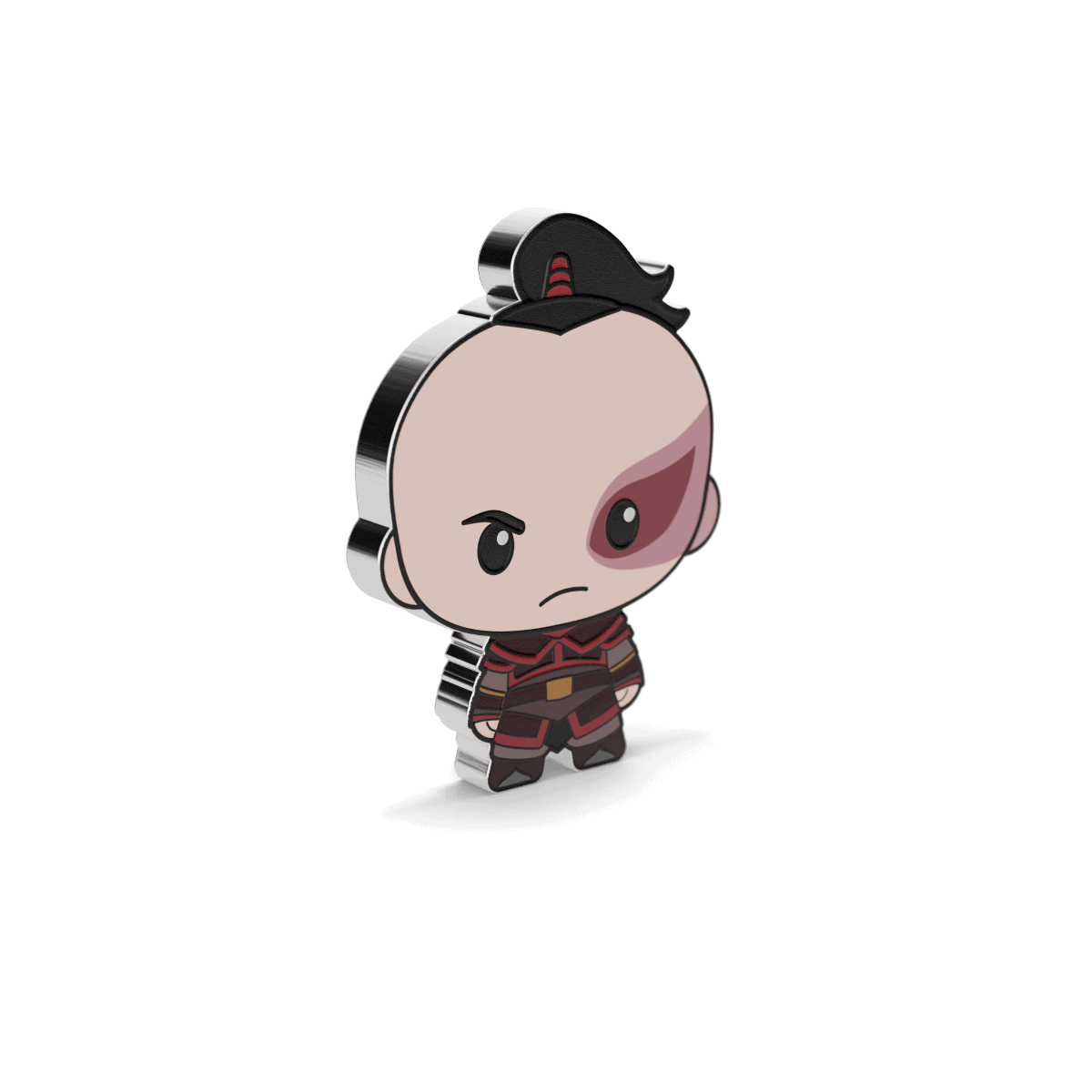 Small cartoon-style collectible figure of a young warrior with a bald head, black hair bun, and an eye patch over the right eye, dressed in dark armor with red accents.