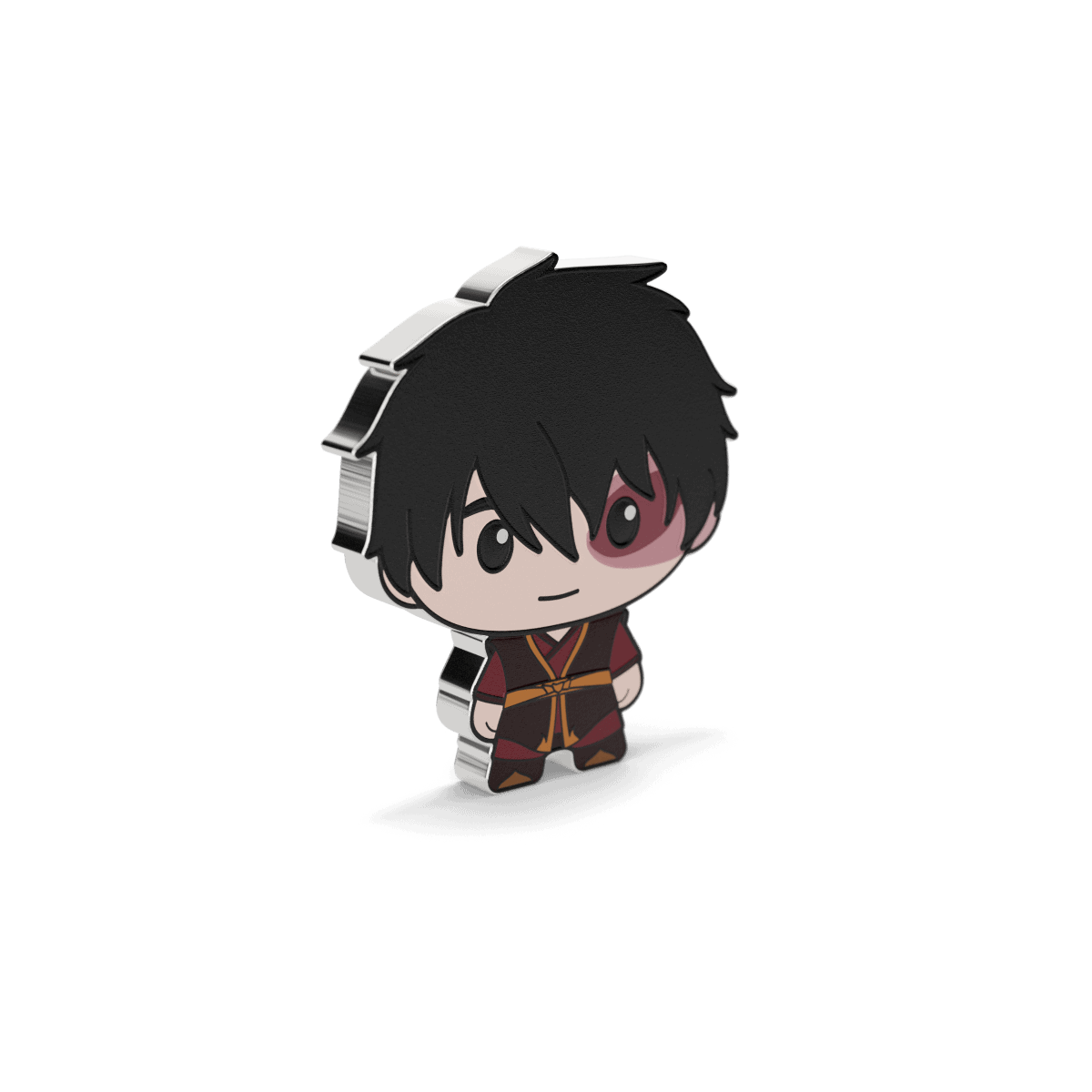 Limited edition collectible coin featuring a chibi-style character with black hair, wearing a dark red and black outfit, and with a dark mark over one eye.