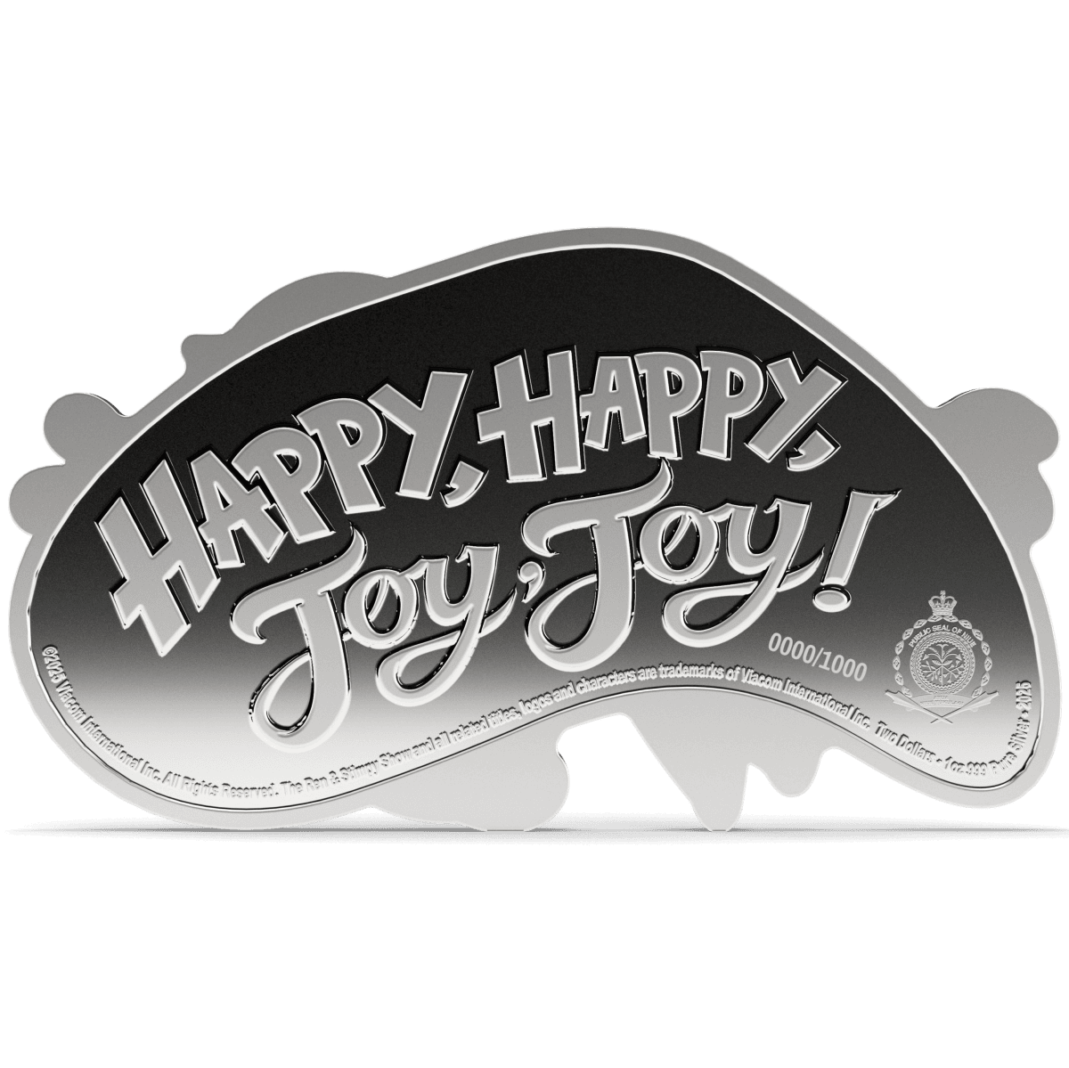 "Happy Happy Joy Joy" custom engraved collectible coin, silver tone, featuring cheerful text design, numbered 0000/1000, with official insignia, celebrating joy and happiness in a unique medallion from Green Reserve.