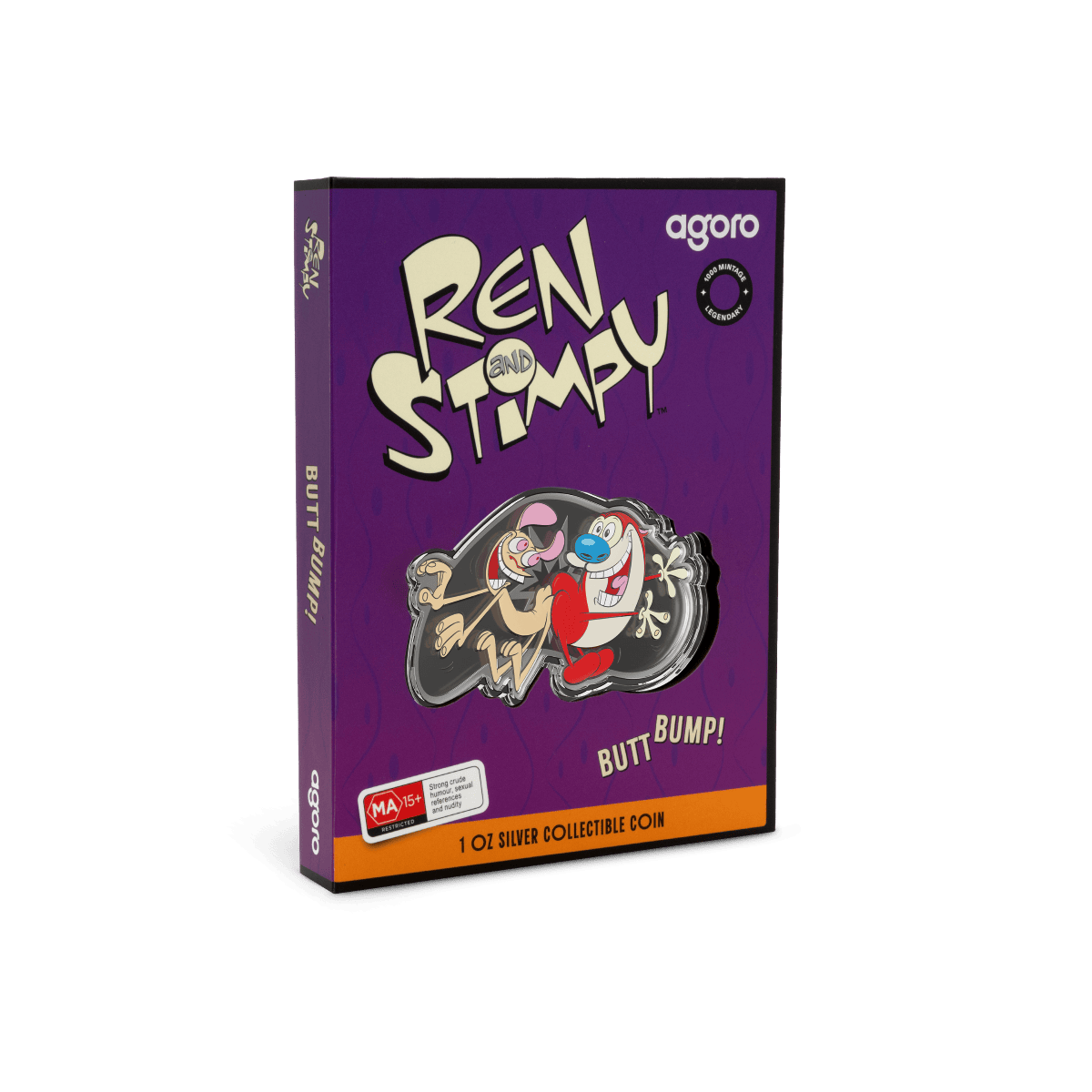 R&M and Stimpy collectible silver coin from the 2000s, featuring Butt Bump design, in purple packaging.