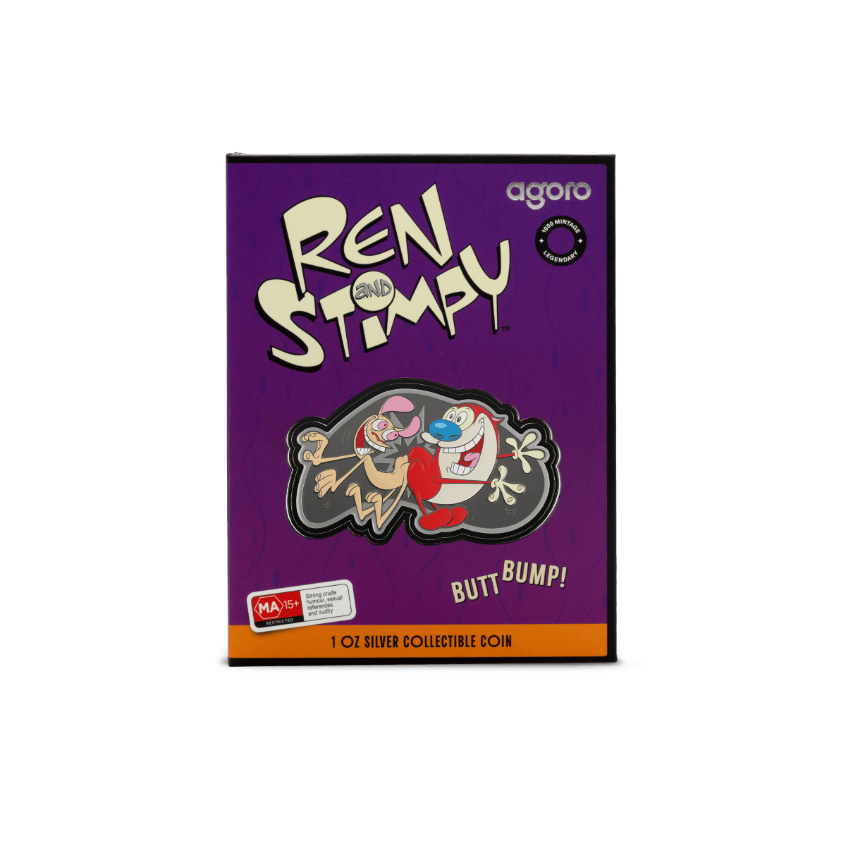Colorful collectible silver coin featuring Ren and Stimpy characters on purple packaging, emphasizing the "Butt Bump!" theme from the animated series, with details about the coin's weight and age restriction.