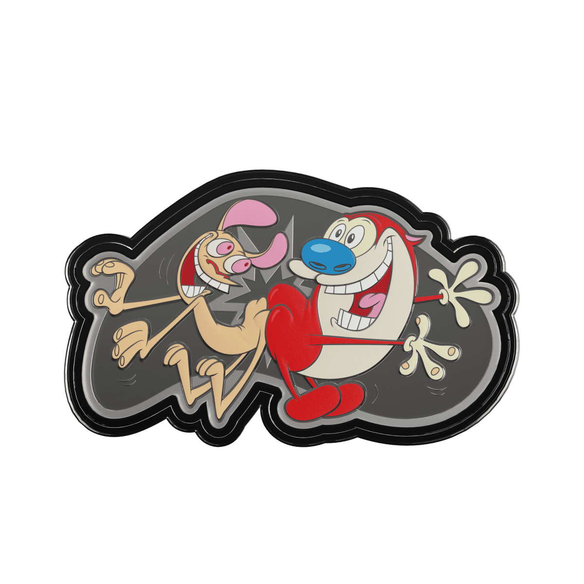 Colorful cartoon pin of a smiling dog and a happy gray mouse battling with water guns, comic style illustration, commemorative design, playful and fun image, collectible character pin, animated characters, vintage inspired artwork, whimsical, vibrant, and detailed, perfect for fans of classic cartoons and pop culture memorabilia.