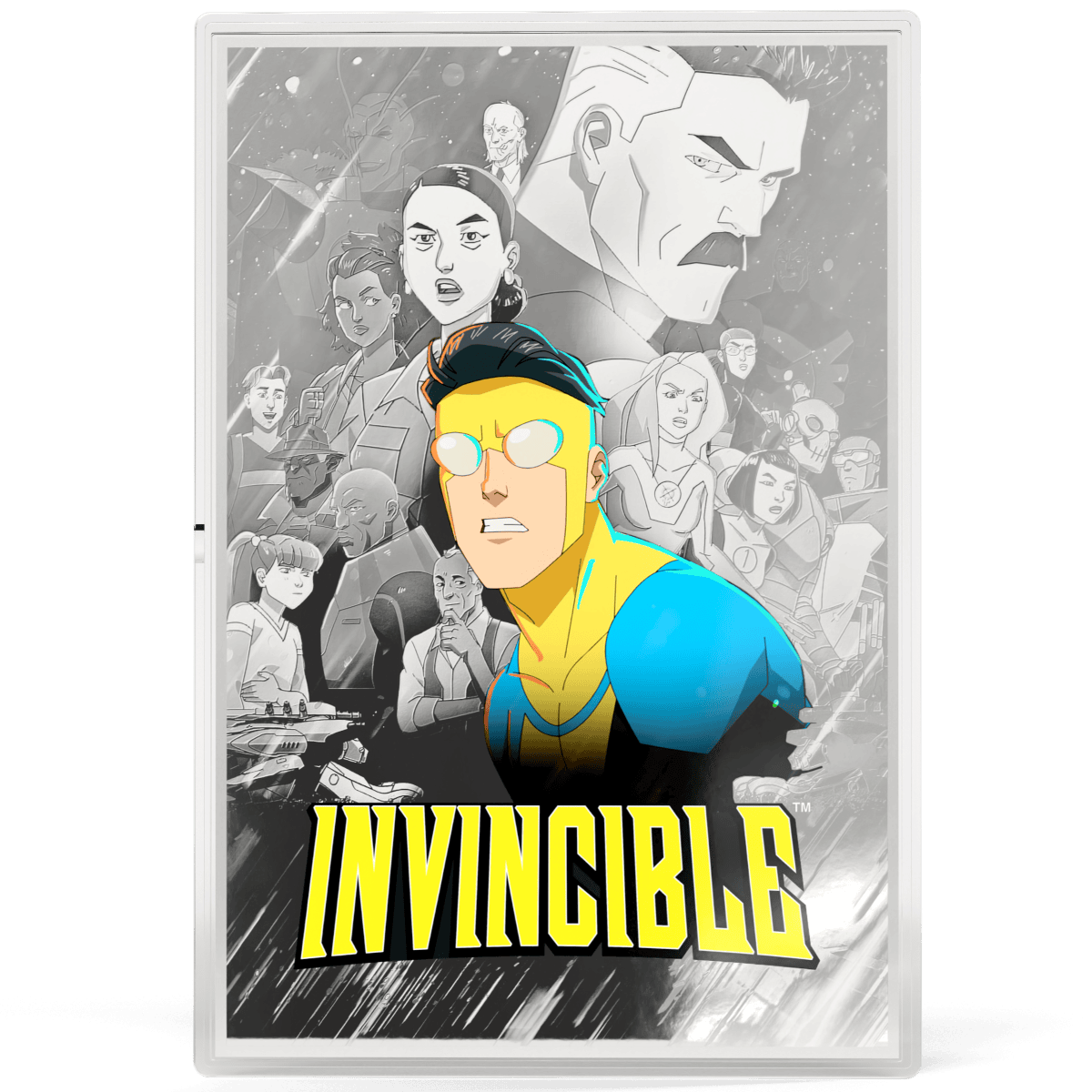 Coins from the animated series "Invincible," featuring vibrant colors and comic-style artwork, including characters like Omni-Man and Invincible, with details of the show's logo and design elements.