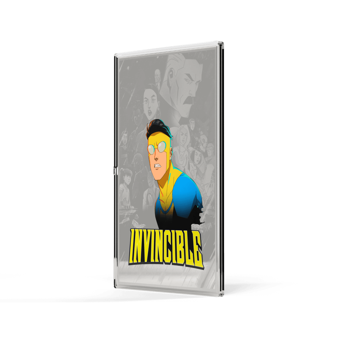 Silver Invincible comic book cover collectible coin from 2023, featuring a colorful animated superhero character and a grayscale background scene.